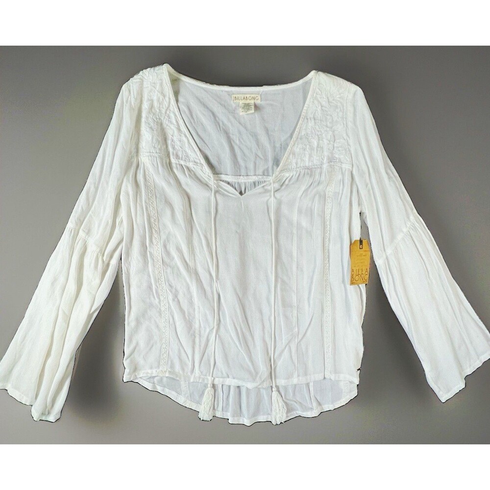 NWT Billabong Womens White Embroidered Tie Front V-Neck Woven Blouse Size L